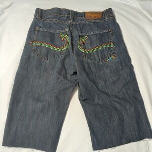 Coogi Mens Size 34 Cut Off Blue Jean Shorts With Rainbow Embroidered Pockets 408